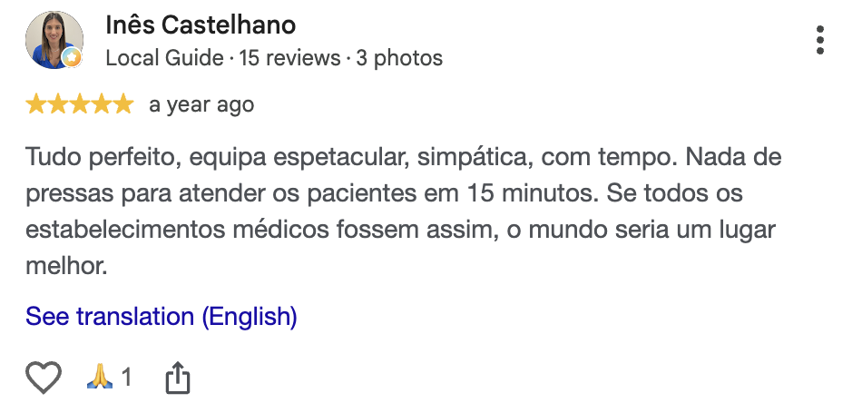 Avaliação Google de Inês Castelhano, 5 estrelas: equipa espetacular e simpática, com tempo, sem pressas.