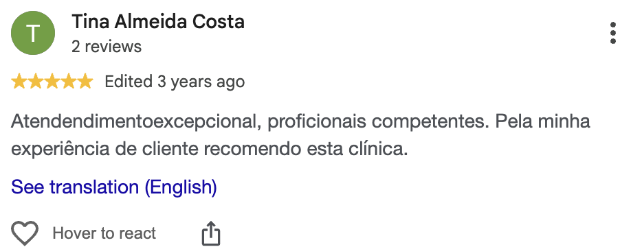 Avaliação Google de Tina Almeida Costa, 5 estrelas: atendimento excecional e profissionais competentes.